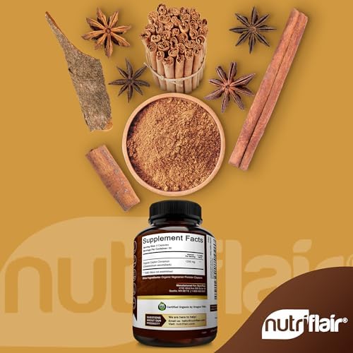 NutriFlair Organic Ceylon Cinnamon Supplement 1200mg, 120 Capsules - USDA Certified - Non-GMO, Gluten Free Powder, Antioxidant Pills