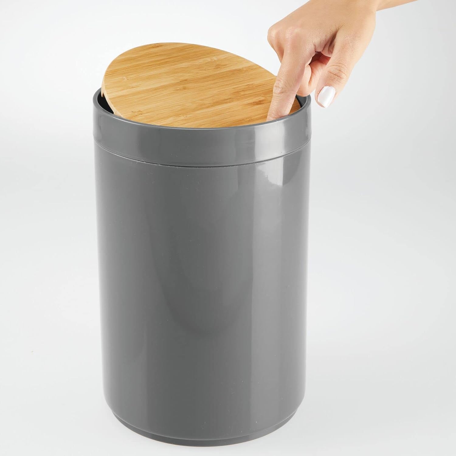 mDesign Plastic Round Trash Can Small Wastebasket - Garbage Bin Container with Swing-Close Lid - Bathroom Garbage Basket - Holds Waste, Recycling - 1.3 Gallon - Basa Collection - Cream/Beige/Natural