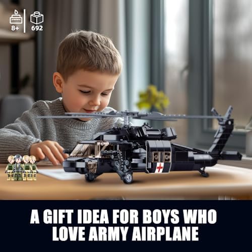 UH-60 Black Utility Helicopter Building Set, Hawk Plane Model (692 PCS) | with 4 Soldier Figures, Birthday Gift Toys for 8-14 Boys