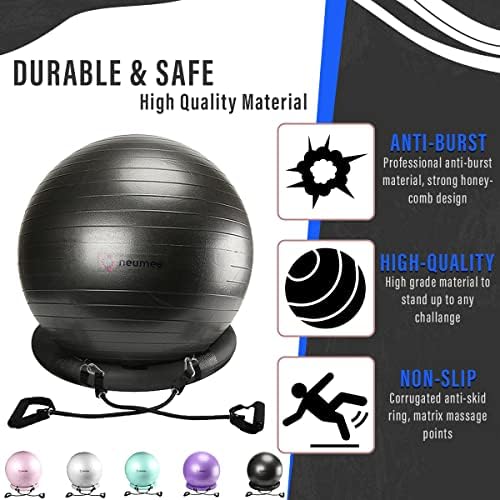 Yoga Ball Chair with 65cm Exercise Ball & 2 Resistance Bands, Stability Base for Home Office, Yoga, Pilates & Fitness, Balance Ball for Posture