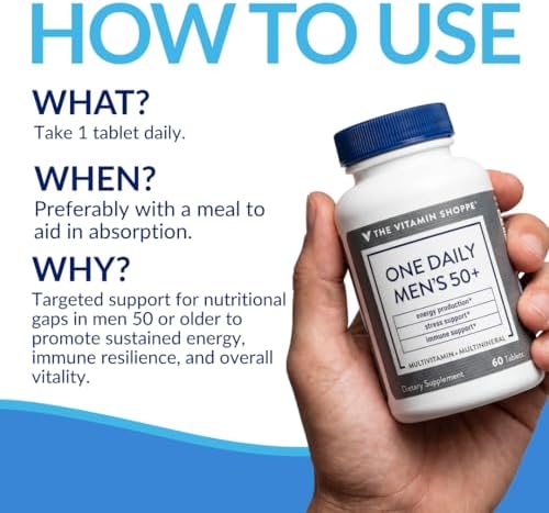The Vitamin Shoppe Brand One Daily Men's 50+ Multivitamin, 60 Tablets | Includes Magnesium, Zinc, Calcium and More, Energy Stress & Immune Support
