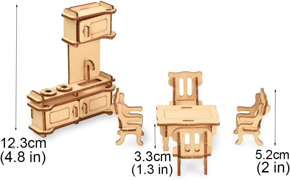 Dollhouse Furniture Set, 34 Wooden Miniatures and Accessories, 1:24 | Laser-cut DIY 3D puzzles, living, dining, kitchen, bath and bedroom pieces