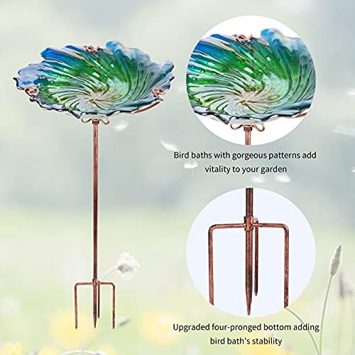 26" Glass Bird Bath, Outdoor Birdbath Bird Feeder Green Flower Metal Stake