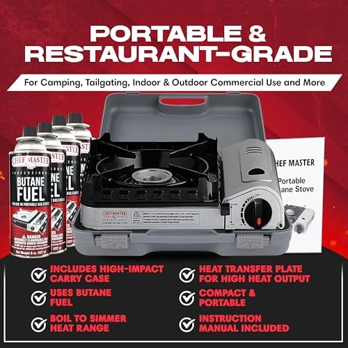 Chef Master 15,000 BTU Butane Portable Camp Stove | Double Wind-Guard Portable Stove Burner w/Piezo Click Ignition for Emergencies, Tailgating, Hiking, Backpacking & Camping Essentials - 90019