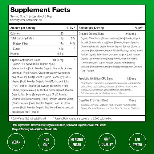 SuperGreens Powder, 40+ Organic Superfoods, Probiotics & Enzymes for Energy, Digestion, Gut Health & Bloating | Organic Fruit & Veggie Drink Mix