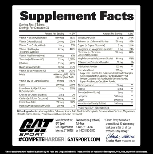 GAT SPORT Men's Multi Plus Test, 150 Tablets (75 Servings) | Men's Multivitamin with Tribulus, Vitamin B12, Zinc, ALA for Testosterone Support
