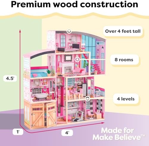 KidKraft Wooden Dollhouse Shimmer Mansion for 12" Dolls | Over 4 Feet Tall, Garage, For 12-Inch Dolls, DIY Pink Doll House, Gift for Ages 3+