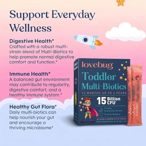 LOVEBUG Award Winning Probiotics | Constipation & Stomach Discomfort | Softer Bowel Movements | Easy-to-Take Powder | Ages 12 Months to 4 Years | 60 Packets