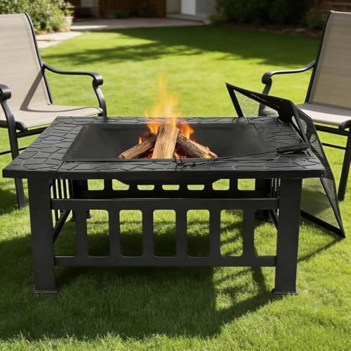 ZENY 32 inch Outdoor Fire Pit with Grill for Outside Wood Burning, Square Metal Outside Fireplaces