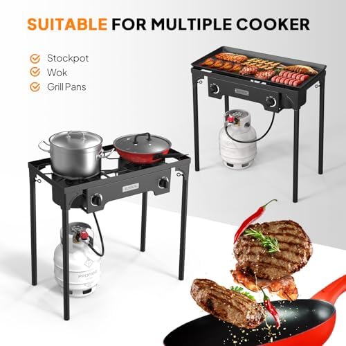 ROVSUN 2 Burner Outdoor Propane Gas Stove with Adjustable Regulator, 150,000 BTU High Pressure Stand Cooker for Backyard Cooking Camping Home Brewing Canning Turkey Frying