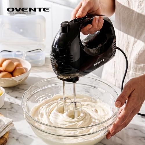 OVENTE 5-Speed Electric Hand Mixer with Storage Case,150W, White HM151W | Stainless Steel Whisks, Compact Portable Design, Lightweight Handheld Mixer for Baking & Cooking