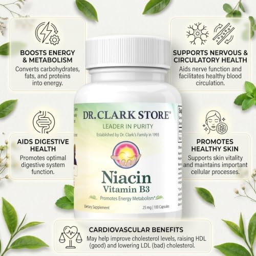 Dr Clark Niacin (Vitamin B3) Supplement – 25mg, 100 Gelatin Capsules, Supports Circulation & Healthy Cholesterol Levels