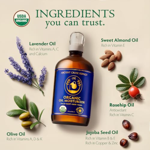 Organic Body & Face Oil for Dry Skin, Hydrating After Shower Moisturizer | Lightweight Nourishing Facial & Body Oil, Natural Cold-Pressed Almond, Olive, Jojoba, Rosehip & Lavender Oils, Vitamin E