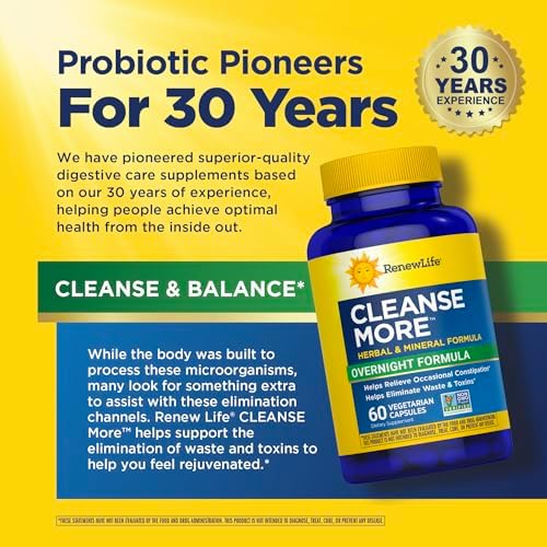 Renew Life Cleanse More 100 Vegetarian Capsules | Helps Relieve Occassional Constipation | Herbal Formula with Magnesium | Dairy, Soy and Gluten Free