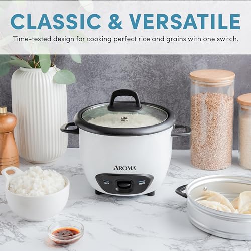 AROMA® Rice Cooker, 3-Cup (Uncooked) / 6-Cup (Cooked), Steamer, Small Rice Cooker, Oatmeal Cooker, Soup Maker, Auto Keep Warm, 1.5 Qt, White, ARC-743-1NG
