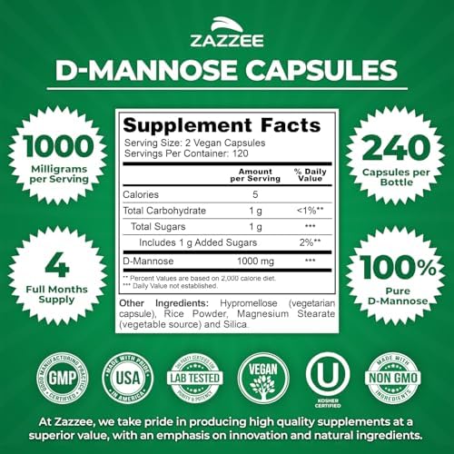 Zazzee D-Mannose, 1000 mg per Serving, 180 Vegan Capsules, 3 Month Supply | Potent & Fast-Acting, Certified Kosher, 100% Pure, All-Natural Urinary Tract Health Support, 100% Vegetarian, Non-GMO