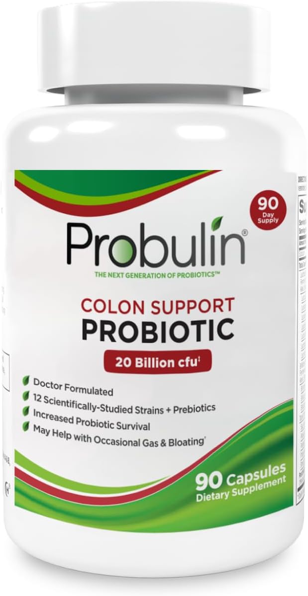 Probulin Colon Support Daily Probiotic + Prebiotic + Support Gut Health, Occasional Gas and Bloating - 20 Billion CFU - 12 Strains, 30 Vegan Capsules