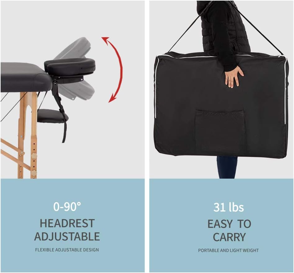 BestMassage | Portable Massage Table | 24" Wide, Black PU Leather | Lightweight, 2-Fold Massage Table with Height Adjustment, 450lbs Capacity, Carry Bag | For Massage, Facial, Tattoo, Home, Spa