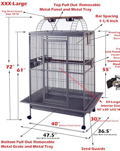 Large Double Ladders Open Play Top Wrought Iron Bird Parrot Parakeet Finch Macaw Cockatoo Cage, Include Seed Guard and Toy Hook (30.5''L x 29.5''W x 65''H, Black Vein)