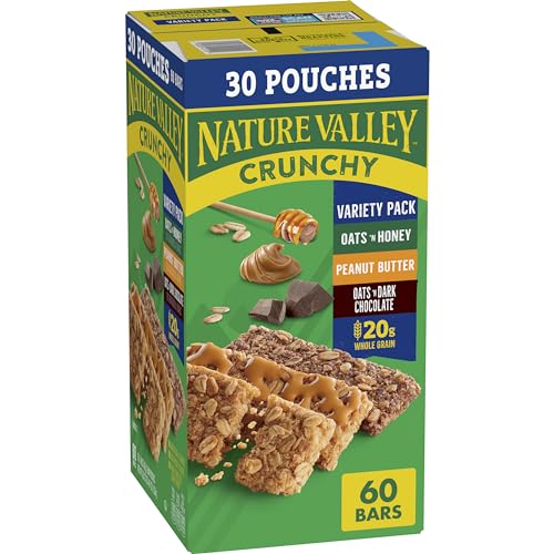 Nature Valley Crunchy Granola Bars, Value Pack, 60 ct, 44.7 oz | Oats & Honey and Peanut Butter Varieties, 2-Bar Pouches, Whole Grain Oats, No Artificial Flavors