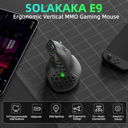 SOLAKAKA E9 Vertical MMO Gaming Mouse,24800 DPI,Tri-Mode Ergonomic Wireless Mouse with 10 Side Buttons,RGB Mouse for PC/Mac Black