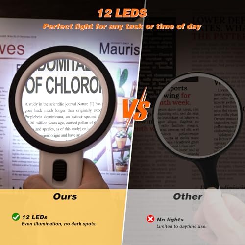 AIXPI Magnifying Glass with Light, Double-Layer Glass Lens Handheld Large Magnifying Glass 12 LED Lighted Magnifier for Seniors Reading, Coins