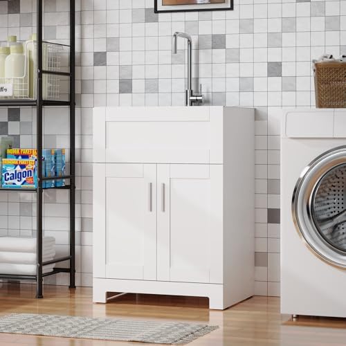 Goodyo Utility Sink with Cabinet 24 Inch Laundry Room Sink Cabinet 304 Stainless Steel Sink Combo White