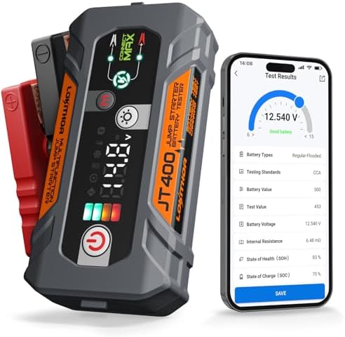 LOKITHOR JT400 2500A Portable Jump Starter with 100–2000 CCA Battery Tester, 12V Car Battery Jump Starter for Up to 8.5L Gas or 6.5L Diesel Engines, Smart Bluetooth Automotive Battery Load Tester