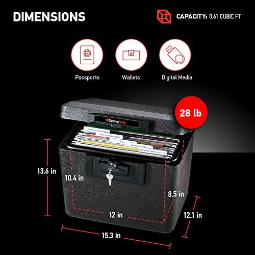 SentrySafe Black Fireproof Document Box with Key Lock, Safe Secures Files and Documents for Home or Office, 0.61 Cubic Feet, 13.6 x 15.3 x 12.1 inches