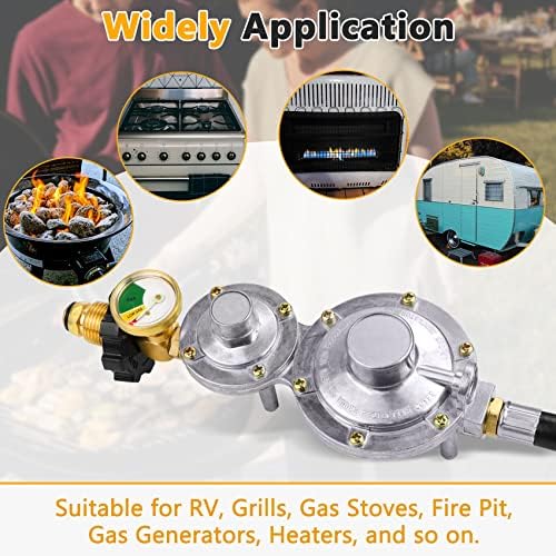Azdele Two Stage Propane Regulator with 10 ft Hose and Gauge, CSA Certified