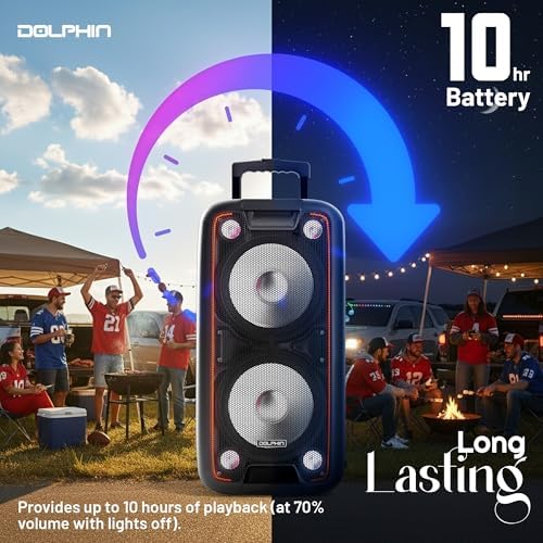 Dolphin Bluetooth Party Speaker with 2 Wireless Mics, Dual 10" Woofers | 1000W Output, SD/FM/USB/AUX/RCA, Guitar & Mic Inputs, Multicolor LED Lights