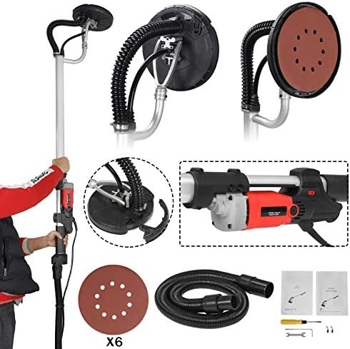 800W Drywall Sander Commercial Electric Sander with 6 Pcs Sanding Pads Discs Adjustable Variable Speed 1000-2000 RPM Wall Sander with Extendable