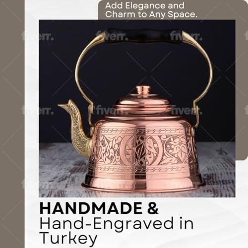 DEMMEX Heavy Gauge 1mm Thick Engraved Solid Copper Tea Pot Kettle Stovetop Teapot, Handmade (1.6-Quarts - Engraved)