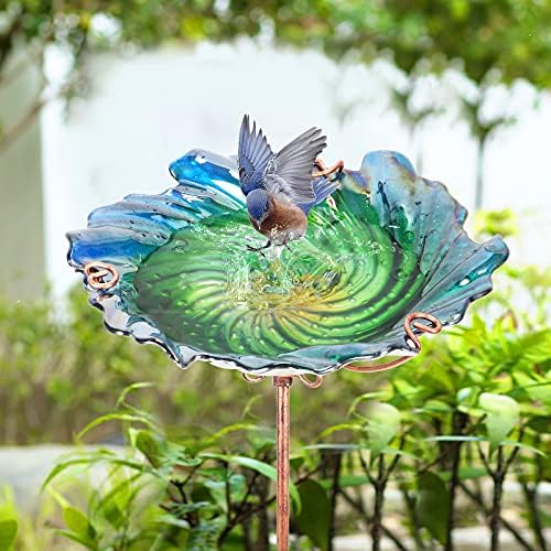 26" Glass Bird Bath, Outdoor Birdbath Bird Feeder Green Flower Metal Stake