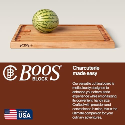 John Boos Aujus Series Rectangular Wooden Maple Cutting Board 20”x15” – 1.5” Thick, 12-lb Reversible Butcher Block with Sloped Juice Groove, Edge-Grain & Finger Grips – Made in the USA