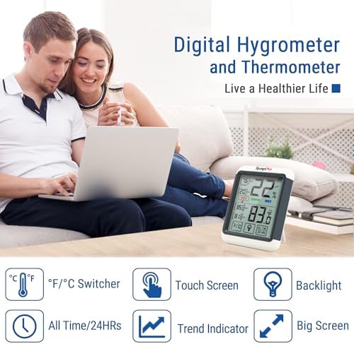 TempPro TempAir Digital Indoor Hygrometer Thermometer with Touchscreen | 4-Inch Temperature/Humidity Monitor with Backlit, Room Thermometer/Humidity Meter for House Home Greenhouse