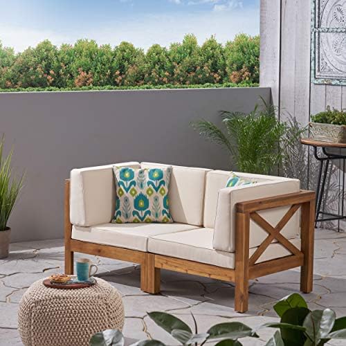 GDFStudio Outdoor Sectional Loveseat Set | 2-Seater | Acacia Wood | Water-Resistant Cushions | Teak and Beige