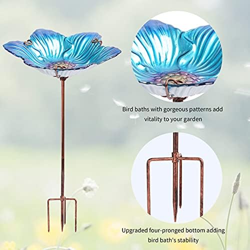 26" Glass Bird Bath, Outdoor Birdbath Bird Feeder Green Flower Metal Stake