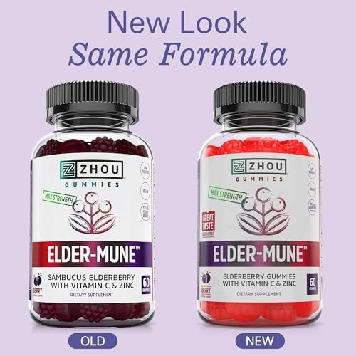 ZHOU Nutrition Elder-Mune Sambucus Elderberry Gummies with Zinc and Vitamin C for Kids & Adults (Age 4+) Immune Support with Antioxidants, Vegan, Gluten Free, Non-GMO, 30 Servings, 60 Gummies | Daily Immune Support Supplement for Women & Men, Chewable Na…