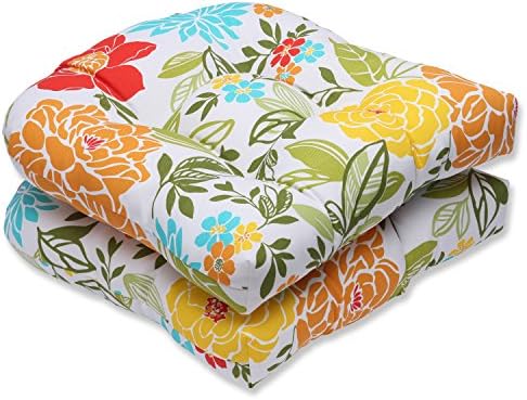 Pillow Perfect Bright Floral Indoor/Outdoor Tufted Wicker Seat Cushion, 2 Count, 19" x 19", Blue/Tan Telfair Peacock