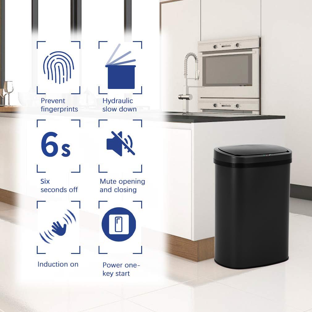 BestOffice | 13 Gallon Stainless Steel Trash Can with Lid | Steel | Automatic Touchless Garbage Can | Odor Control | Modern Oval Design | Easy to Clean | For Kitchen, Bathroom, Office or Home