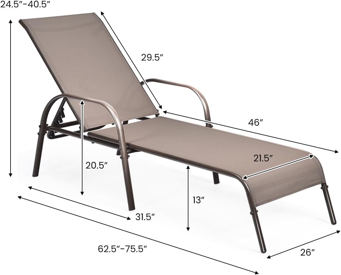 GIANTEX 2 Pack Patio Lounge Chair with 5 Adjustable Backrest, Black
