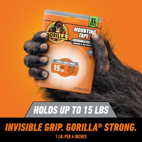 Gorilla Invisible Hold Mounting Tape, 1" x 150" (Pack of 1), Holds up to 15 lbs, Clear Double-Sided Tape for Strong, Permanent Bond