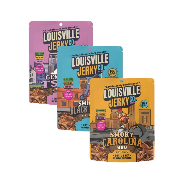 Louisville Jerky Co. Traditional Vegan Jerky Pack, 3 oz, 5-Pack | Plant Based, High Protein Snack, Vegetarian Friendly, BBQ, Buffalo, Maple Bacon, Pepperoni Pizza, Black Pepper