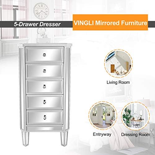 VINGLI Mirrored Dresser 5 Drawers Modern Chest, Mirrored Chest of Drawers, Glass Dresser for Living Room, Silver
