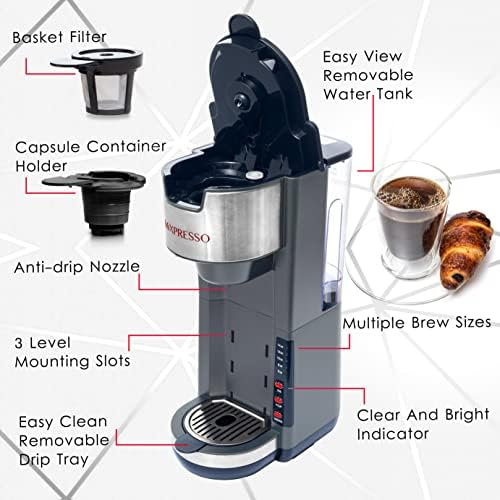 Mixpresso Black Single Serve Coffee Brewer K-Cup Pods Compatible & Ground, 30 oz Compact Coffee Maker Single Serve With 5 Brew Sizes Up To 14 Oz