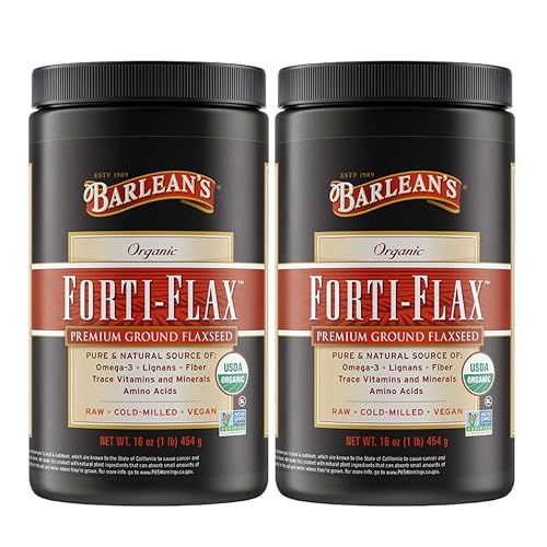 Barlean's Forti-Flax Organic Ground Flaxseed, Omega-3 Fiber, 16oz, 2-Pack | Ground whole raw flax seeds, Lignans, ALA omega-3, Fiber, Non-GMO, Vegan, For smoothies, baking, oatmeal & yogurt