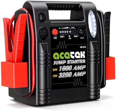 24V / 12V Jump Starter, acetek 1600/3200 Peak Amp Battery Jump Starter for Truck Car Tractor Excavator