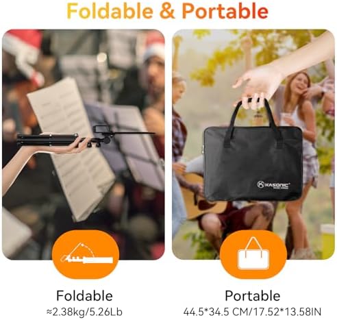 K KASONIC - Dual-Use Folding Sheet Music Stand & Desktop Book Stand with Portable Carrying Bag, Sheet Music Folder & Clip Holder (Black)