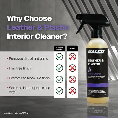 Malco Leather & Plastic Cleaner – Penetrates Deep to Remove Dirt, Grime and Oily Soils/Restores Leather, Plastic and Vinyl/Leaves Surfaces Clean, Shiny and Film-Free / 1 Gallon (100101)